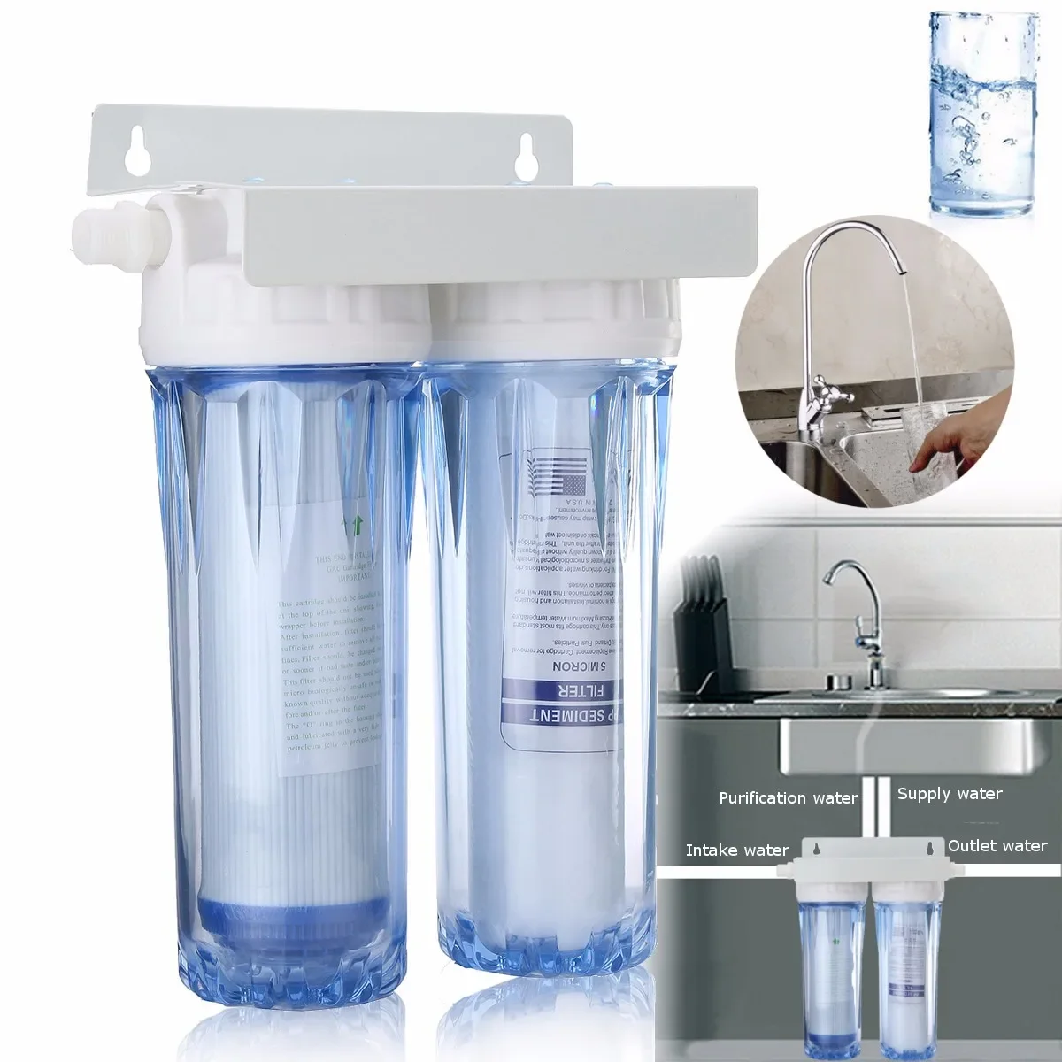 

10" Dual Reverse Osmosis Faucet Tap Water Filter Health Thickened Two-stage Water Purifier Cartridge Home Kitchen