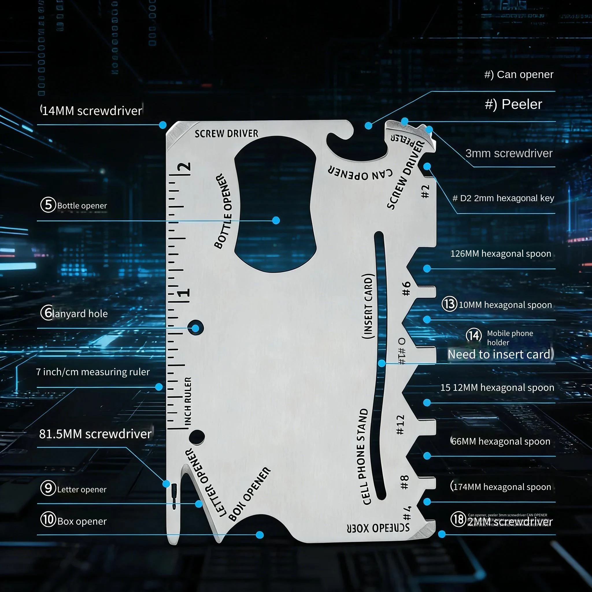 스테인리스 스틸 신용카드형 멀티툴 |   EDC 카드 나이프 (듀얼 스케일 자와 드라이버 포함) |   병따개 카드