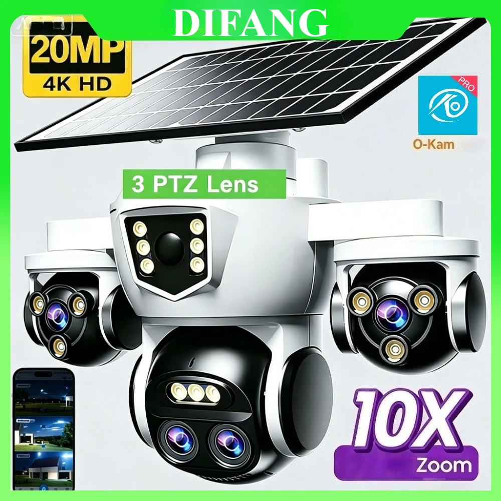 10K 4렌즈 3 PTZ 스크린 야외용 태양광 WiFi 보안 카메라 10배줌 무선 WiFi 태양광 CCTV 배터리 장시간 대기 O-KAM