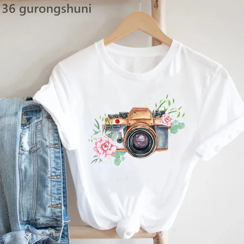 Vintage T-Shirt Women Camera Bird Tshirt Femme Summer Fashion Short Sleeve T Shirt Female Casual Hipster Tshirt Female Tops