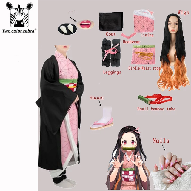 Demon Slayer Kamado Nezuko Cosplay Costume Kimono Set With Bamboo