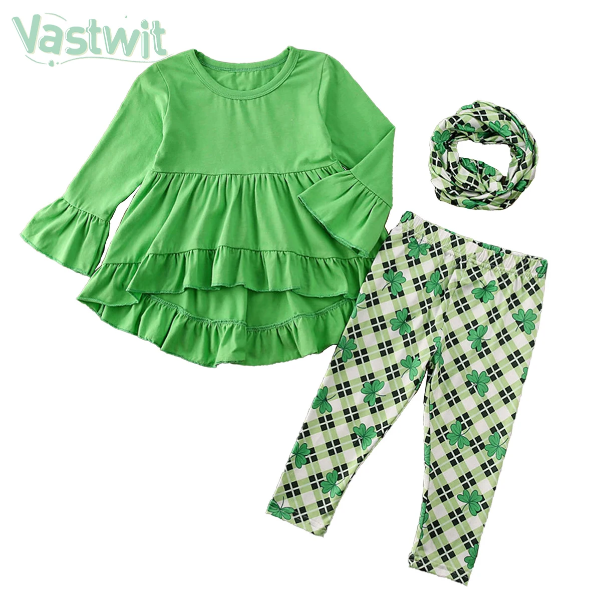 

2022 Spring Kids Girls Clothing Set Green Ruffle Long Sleeve Blouse And Clover Print Pants Scarf 3Pcs Shamrock Pattern Suit