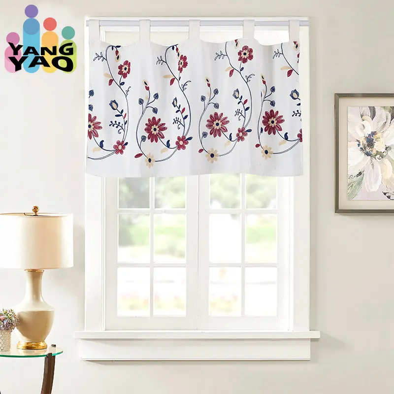 

Floral Embroidered Tab Top Kitchen Curtain Valance Farmhouse Style Chic Window Treatment for Bathroom Livingroom Home Décoration