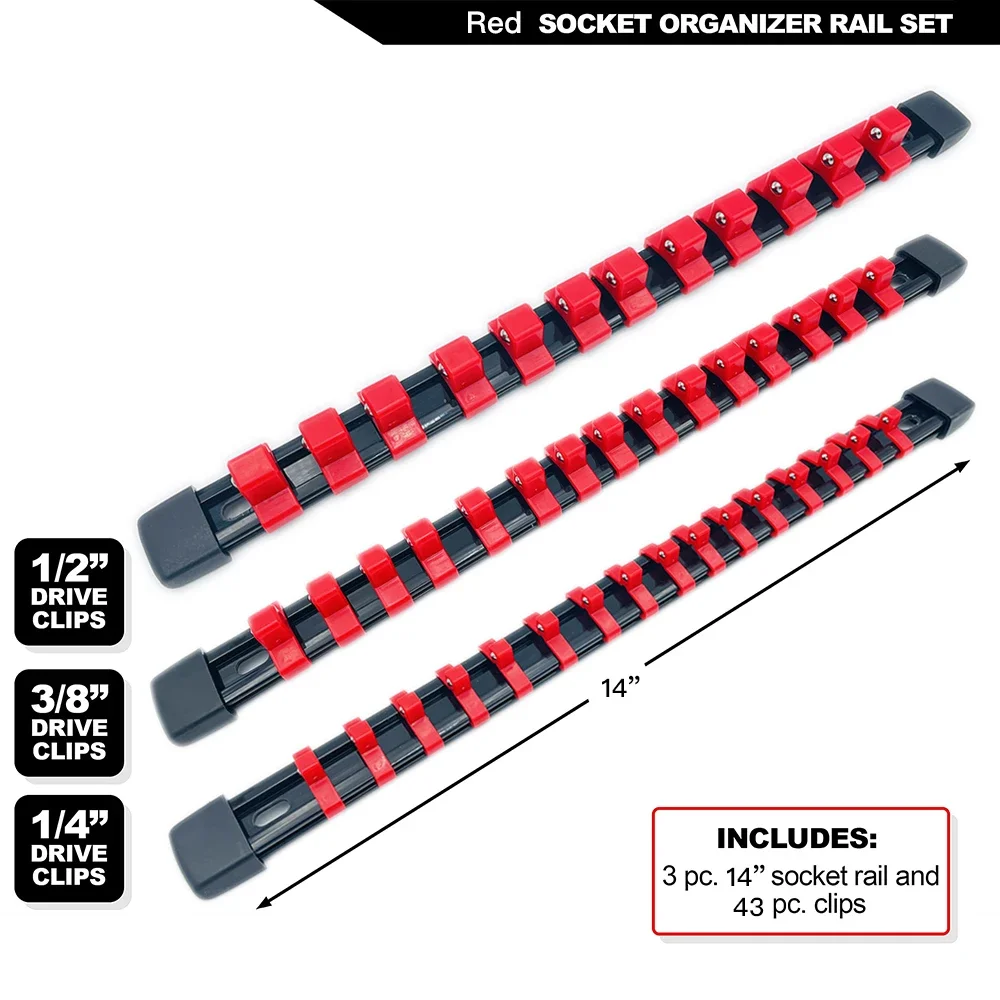 9-Piece Socket Organizer Set – 1/4, 3/8, 1/2 Drive ABS Trays, Holds 129 Sockets, Clip-On Rails, Green Color