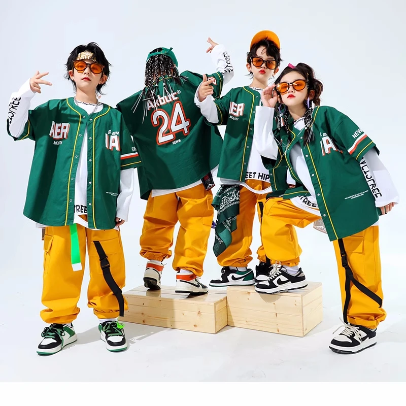 Hip Hop Kids Green Baseball Jacket Solid Cargo Pants Boys Girls Cool Streetwear Children Jazz Clothes Sets Street Dance Costumes