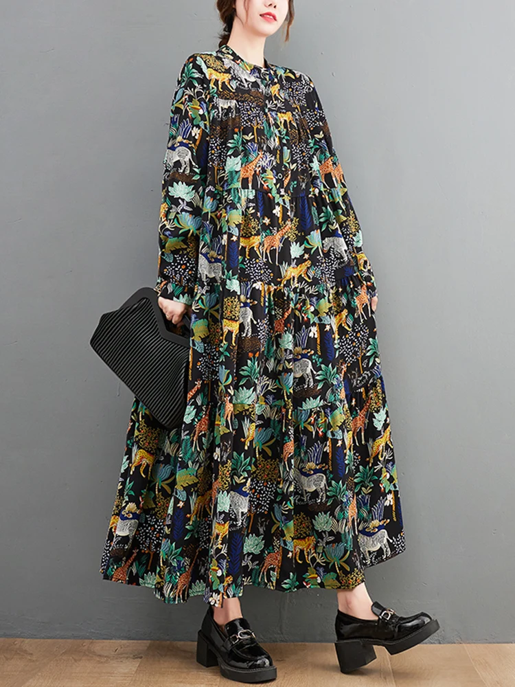 Pattern Print Shirt Dresses For Women Long Sleeve Loose Casual Vintage Dress Vestidos Fashion Elegant Clothes Spring Autumn 2025