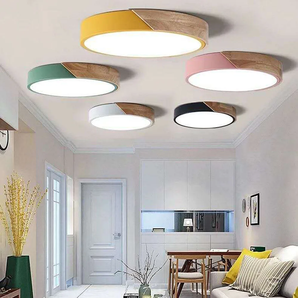 

Led Ceiling Lamp Modern Indoor Aisle Round Wood Flush Mount Light Living Room Bedroom Hallway Balcony Lampshade Lighting Fixture