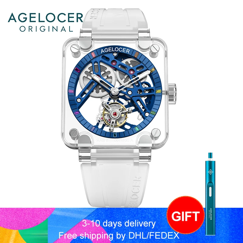 

AGELOCER Original Real Tourbillon Watch Men Blue Skeleton Power Reserve 80 Hours Full Sapphire Gems Case Mechanical Watch