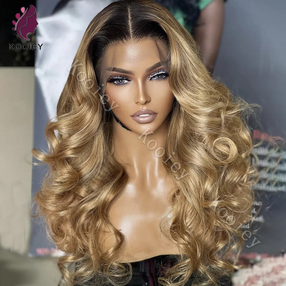 

Ombre Blonde 13X4 Transparent Lace Frontal Human Hair Wig Black Root Glueless Body Wave Honey Blonde 5X5 Closure Wig Pre Plucked