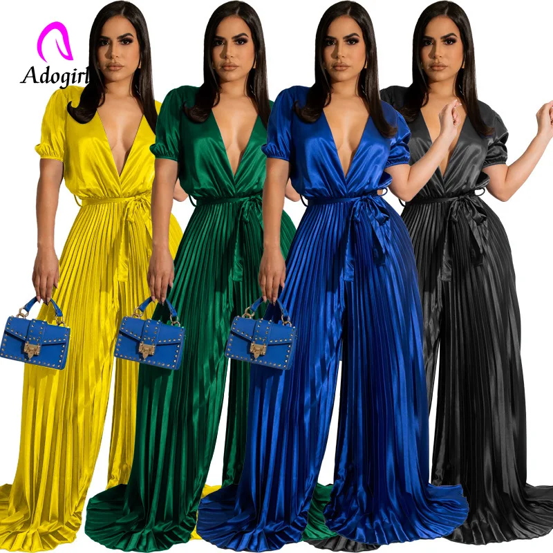 Satin Women Rompers Short Sleeve Solid One Piece Overalls Elegant Evening Party Pleated