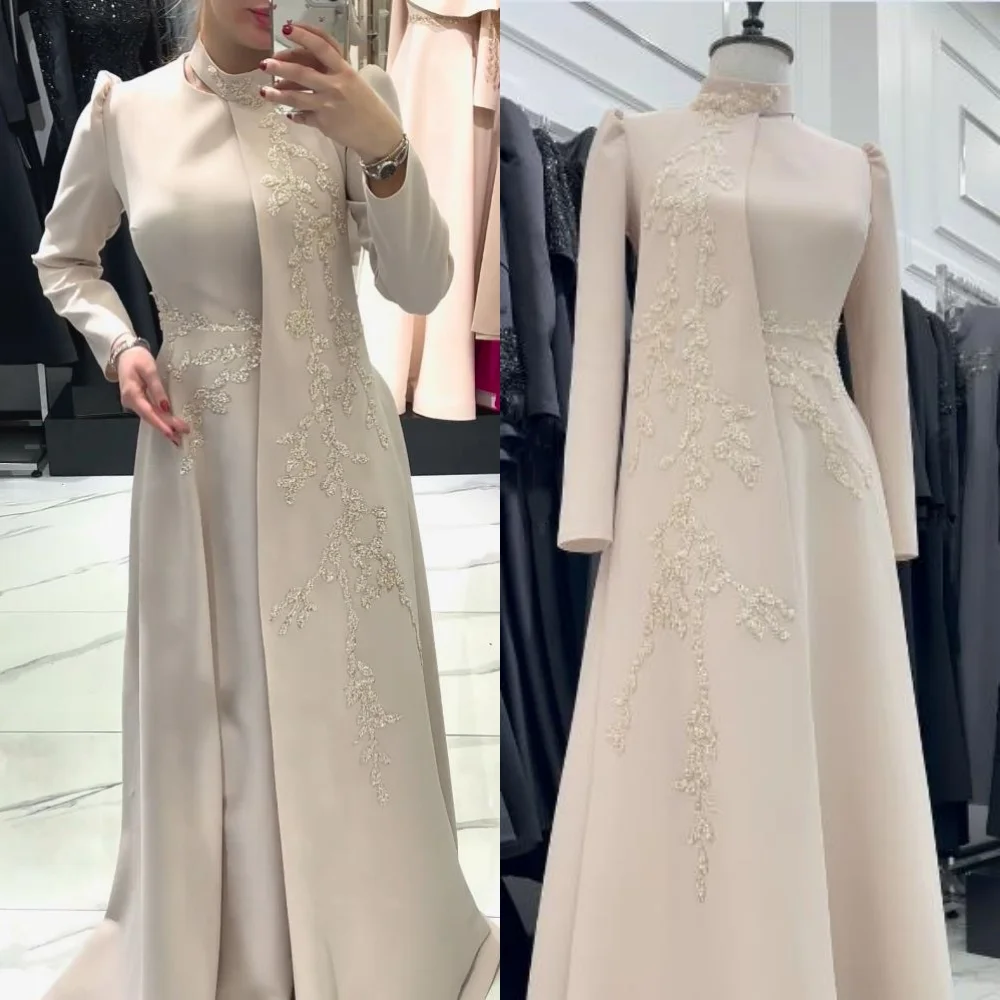 Jersey Applique Sequined Beading Ruched Prom A-line High Collar Bespoke Occasion Gown Long Dresses