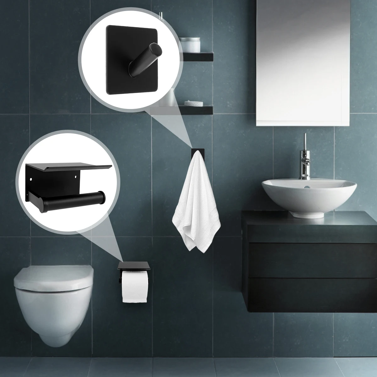 Wall Mounted Toilet Roll Holder Self-Adhesive Rustproof Tissue Holder with Phone Shelf and 2 Towel Hooks for Bathroom Kitchen