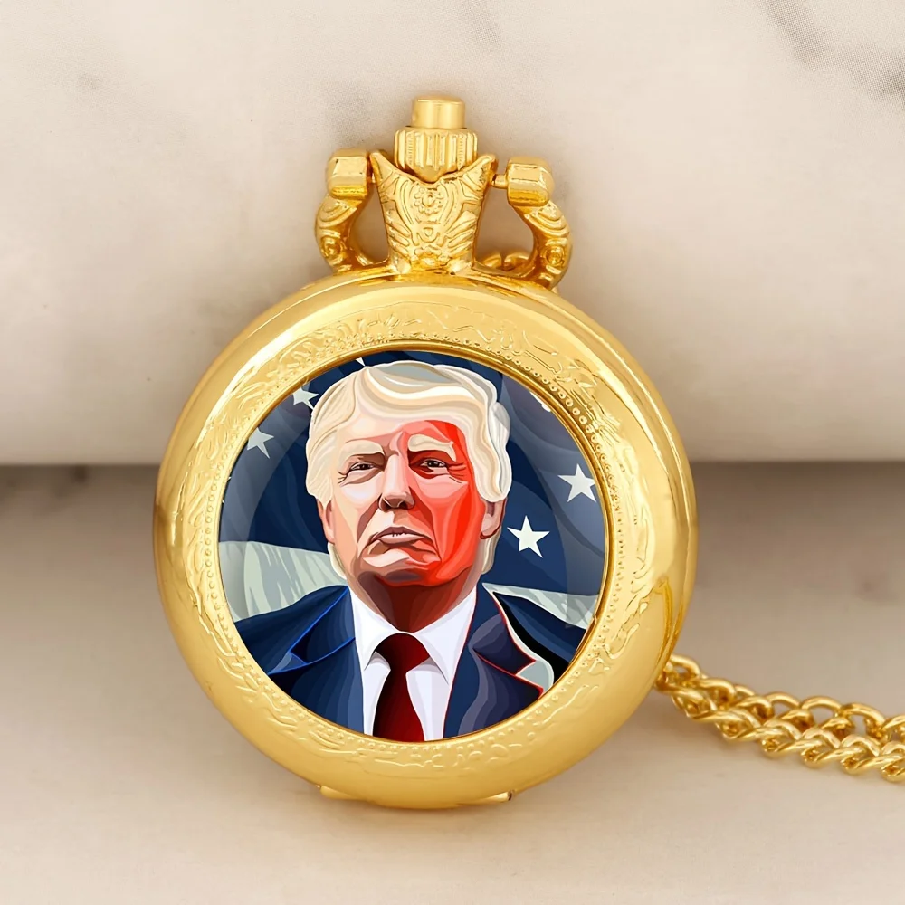 Luxury Gold Color Trump 2024 Election Memorial Pocket Watch – Quartz, President for Fight, Vintage Unique Necklace Souvenir Gift