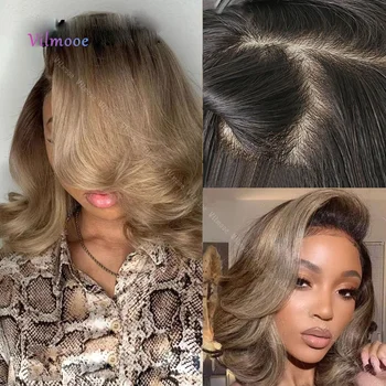 5x5 Silk Base Ombre Lace Front Wigs Short Human Hair Wig With Baby Hair 1b/Ash Blonde Highlights Color Wavy Bob Wigs Remy Hair