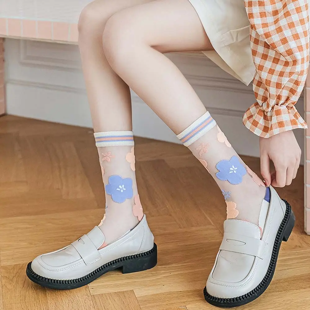 

Girls Breathable Spring Summer Bow Lattice Korean Mesh Glass Silk Socks Middle Tube Socks Women's Socks Cotton Hosiery