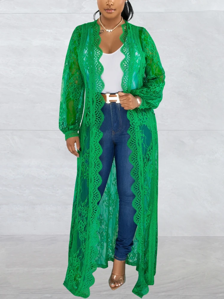 

Solid Lace Open Front Kimono Embroidery Sheer Floral Mesh Floor Length Cover Up Robe for Women Summer Beach Go Out Clothing 2023