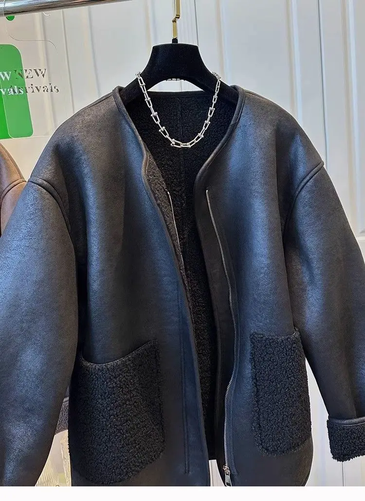 Women's Super Cute Zipper Fur Patchwork One-piece Round Neck Coat Top Warm Casual Winter Best Seller Coats and Jackets Women