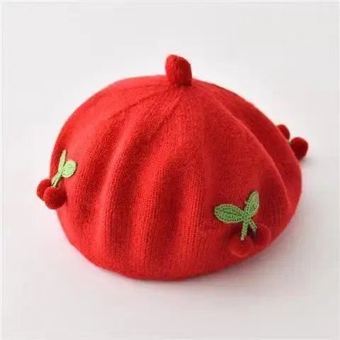 New Fashion Spring and Autumn Girl Children British Painter Hat Baby Wool Fashion Kawaii Cherry Women Beret Caps women hat,woolen hat,children beret