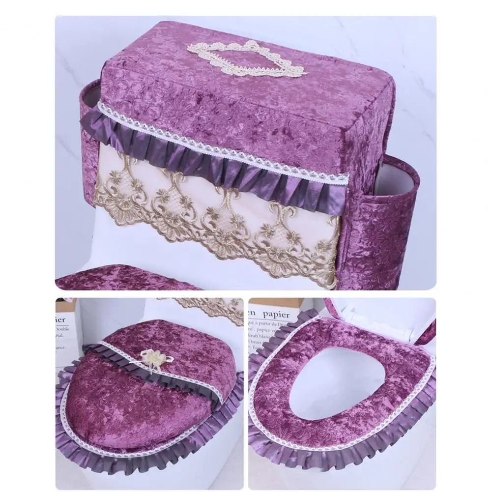 Toilet Tank Cover with Side Pockets Non-pilling Toilet Seat Protector Plush Flannel Tank Cover with Lace Trim Side