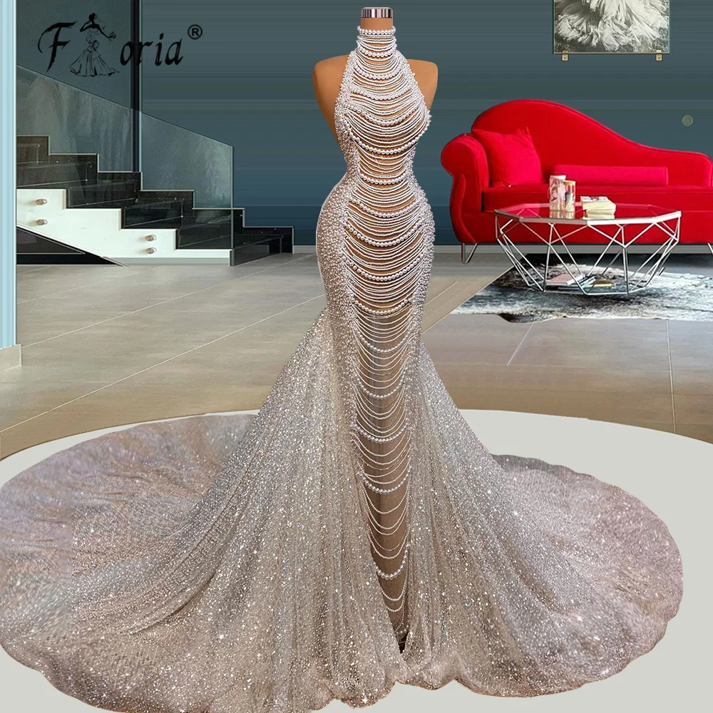 

Luxury Handmade Pearls Wedding Dress High Neck Sleeveless Dubai White Beaded Sequined Bridal Gown Sparkly Tassel Largo Formales