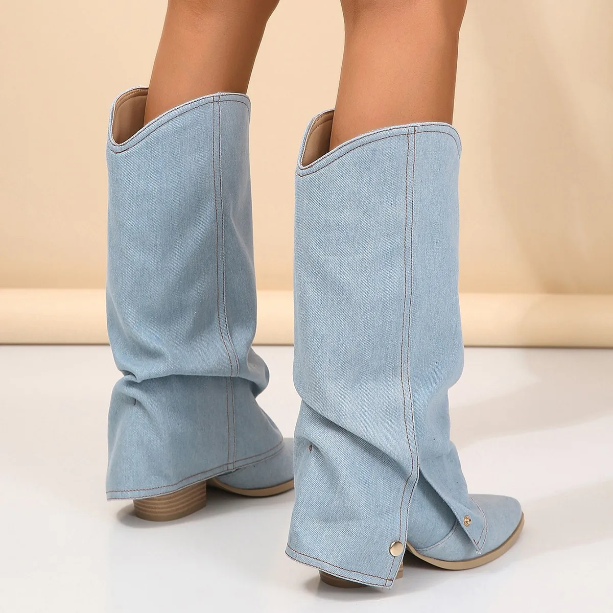 Fashion Women Chelsea Boots Cowboy Knee High Shoes 2023 New Autumn Winter Mid Heels Boots Casual Shoes Chunky Motorcycle Botas