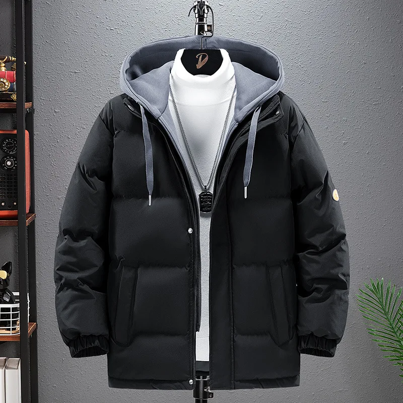 Winter Men's Fake Two Pieces Cotton Jacket Oversized Loose Thickened Down Cotton Jacket Solid Color Versatile Casual Warm Coat