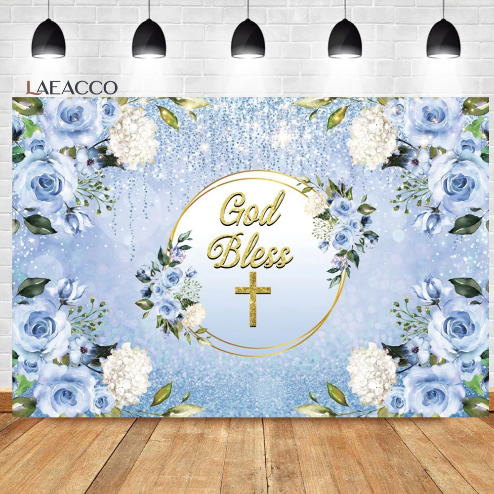 

Laeacco God Bless Photo Backdrop Baptism Party Holy Communion Blue Flower Cross Boy Baby Shower Portrait Photography Background