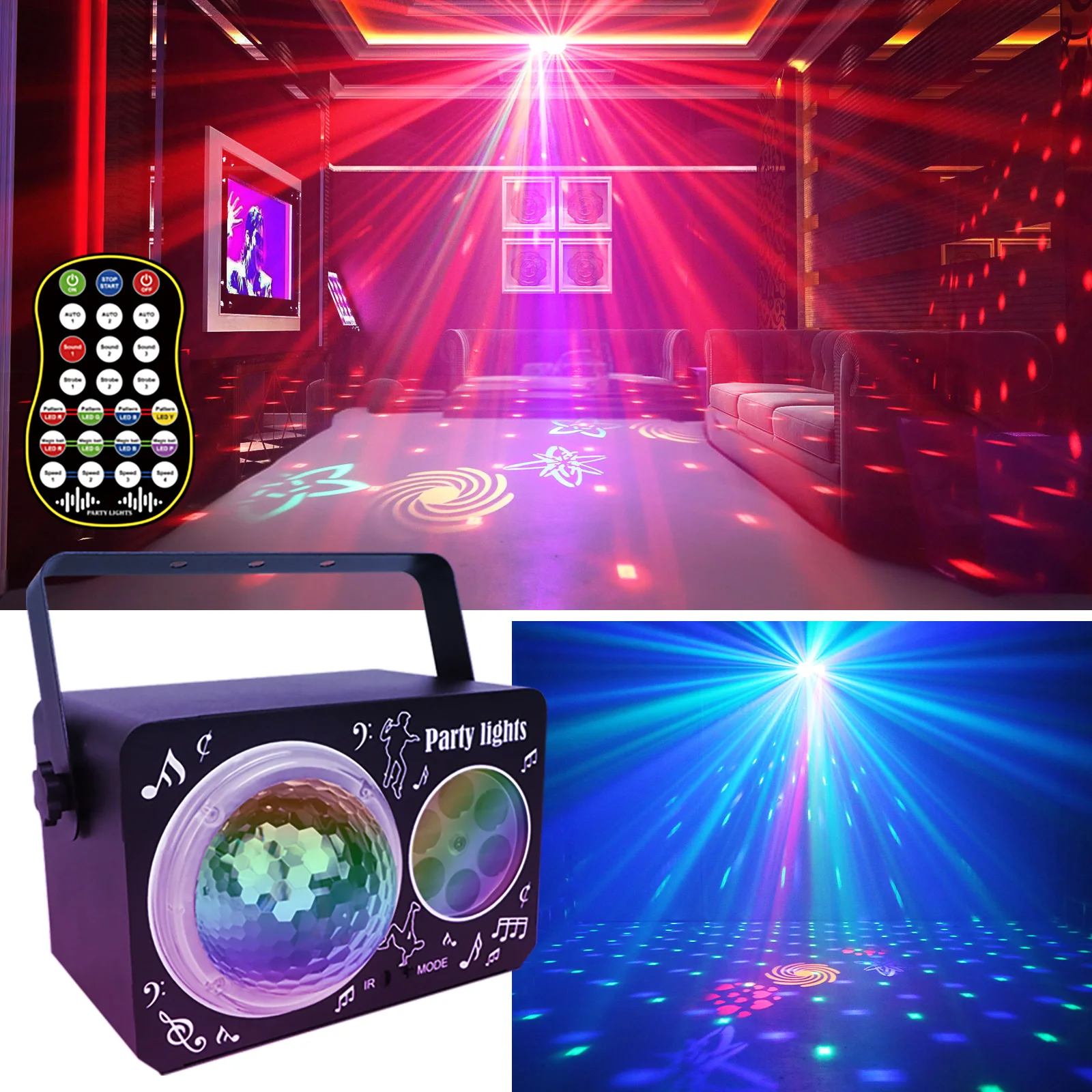 USB Stage DJ Party Lights with Disco Ball Green and Red Pattern Strobe Lighting Effects for Halloween, Christmas, House Parties