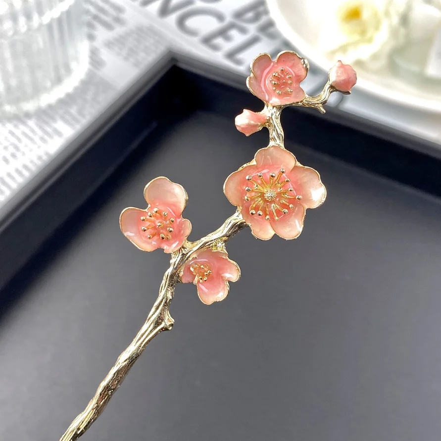 Elegante Kirschblüten-Haarnadeln, japanische Legierungs-Haarstäbchen mit rosa Blumenmuster, hohe Dutts für Frauen, Hanfu-Stil, Haarschmuck, Geschenke – Detail 4