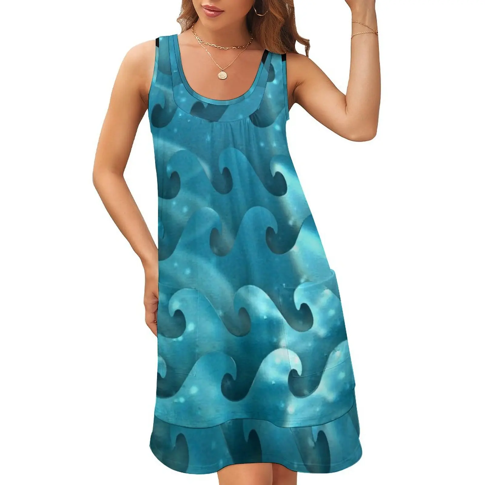 

Blue Ocean Waves Sleeveless U-Neck Fake Two Piece Dress wedding dresses for parties Women dresses summer