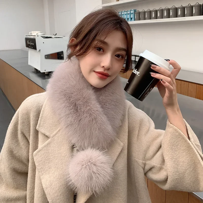New Women Fur Winter Scarf Short Thick Plush Fluffy Cute Scarf with Big Pompom Winter Fur Collar Solid Color Neckerchief 4