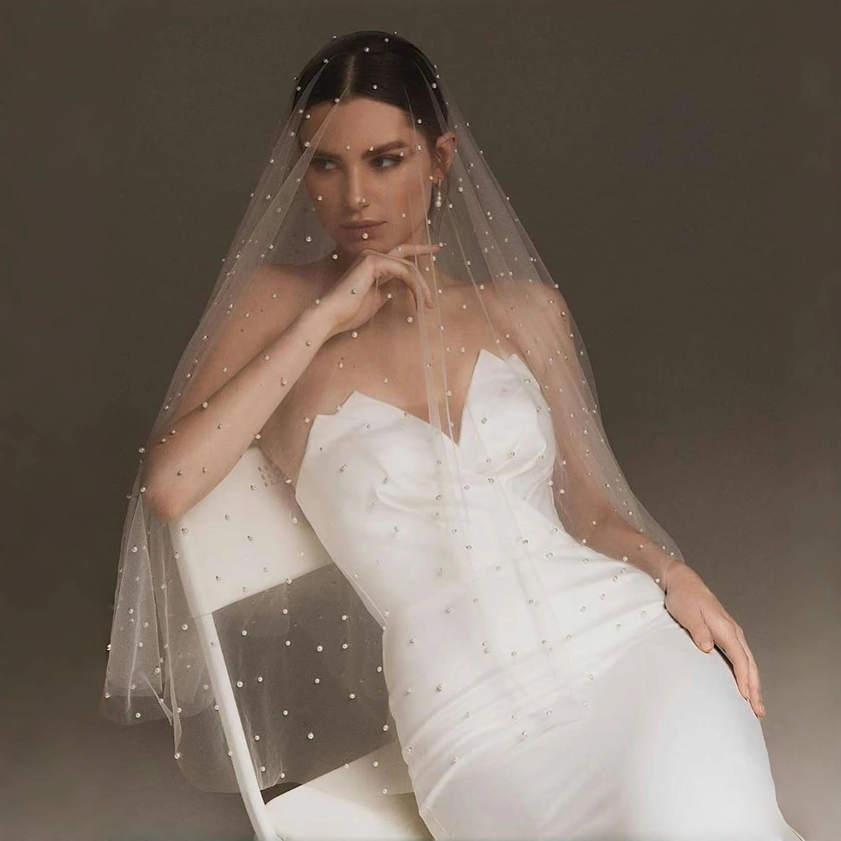 Bridal veil Classic bridal wedding veil 2T long bridal veil with comb Muslim white off-white pearl with covering blusher V02