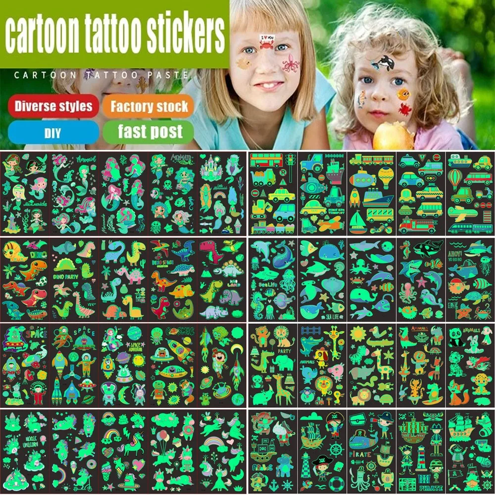 5Pcs/set Cartoon Luminous Tattoo Sticker For Children Unicorn Stars Temporary Waterproof Tattoo Body Art Kid Cartoon Fake Tattoo waterproof juice tattoo semi permanent long lasting hombre art fake tattoo english letter temporary fake tattoo clavicle