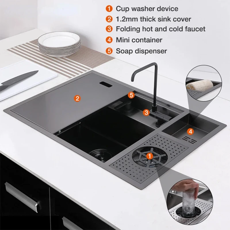 Multifunctional Black Concealed Kitchen Sink with Lid Stainless Steel Bar Built-In Vegetable Sink with Cup Wash Middle Downspout 4
