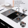 Multifunctional Black Concealed Kitchen Sink with Lid Stainless Steel Bar Built-In Vegetable Sink with Cup Wash Middle Downspout 4