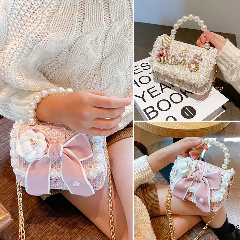 Sac à bandoulière fleur perle pour fille, sac à main nœud papillon