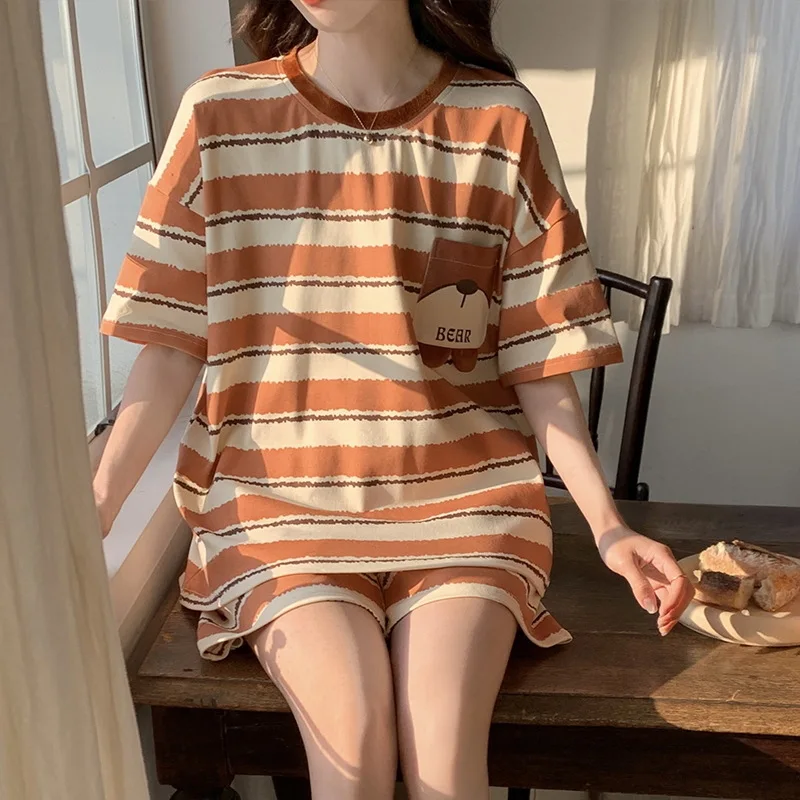 Summer Cotton Cartoon Pajamas Sets Women Pyjamas Sleepwear Nightwear Pijama Calf-Length Pants Homewear Comfort Fashion Pijamas