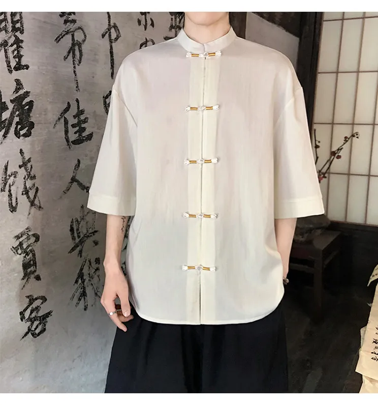 Bambus-Imitat-Leinen-Hemden für Herren 2026 Sommer Cool Neuer Chinesischer Stil Hanfu Kurzarm-Hemd – Detail 9