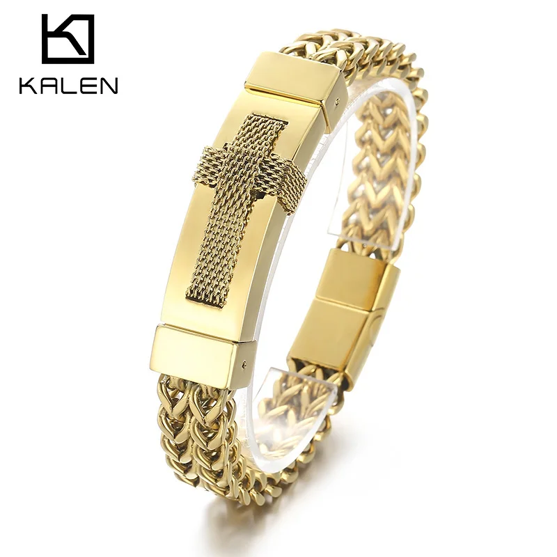 KALEN 12mm Cross Bracelet Men Stainless Steel Mesh Chain Biker Jewelry