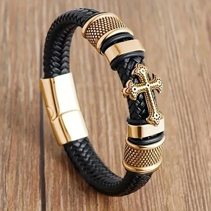 Hand Woven Leather Cross Bracelet Magnetic Clasp Men's Fashion Pendant Religious Amulet Jewelry leather bracelet leather magnetic bracelet