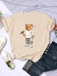 Gentleman Teddy Bear Playing Golf Prints T-Shirt Women Summer O-Neck T Shirts Harajuku Short Sleeve Sport Casual T Shirt Female