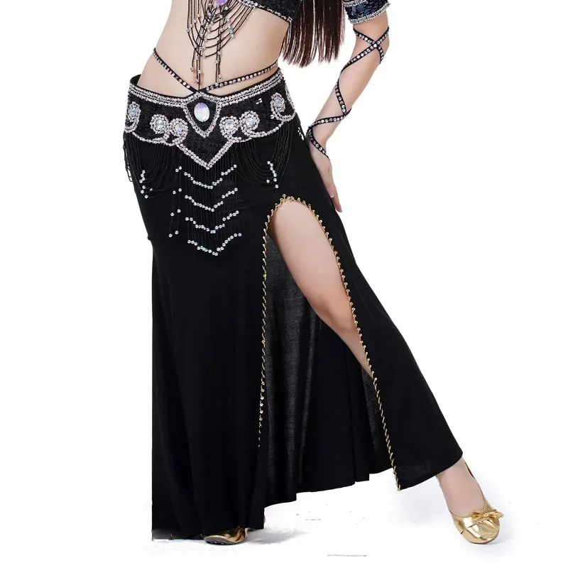 

Black Belly Dance Skirts 1-Slit High Quality Crystal Cotton Sequins Skirt For Women Bellydance Long Skirt (Without the Belt)