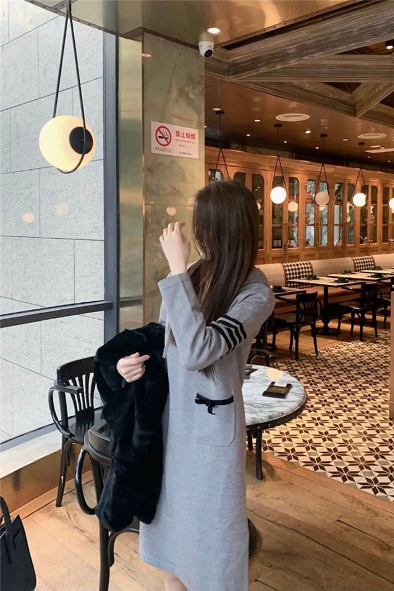 

TB bow college style hooded long-sleeved sweater dress spring commuting loose and thin knitted skirt women
