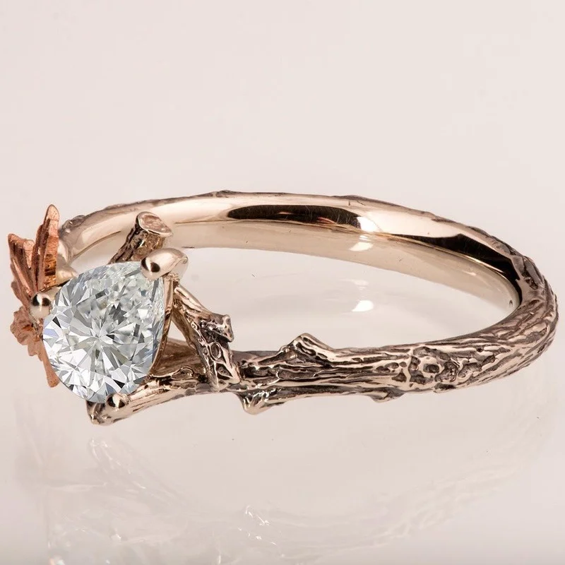 Twig and Leaf Engagement Ring, Gemstone Engagement Ring, Maple Leaf Ring
