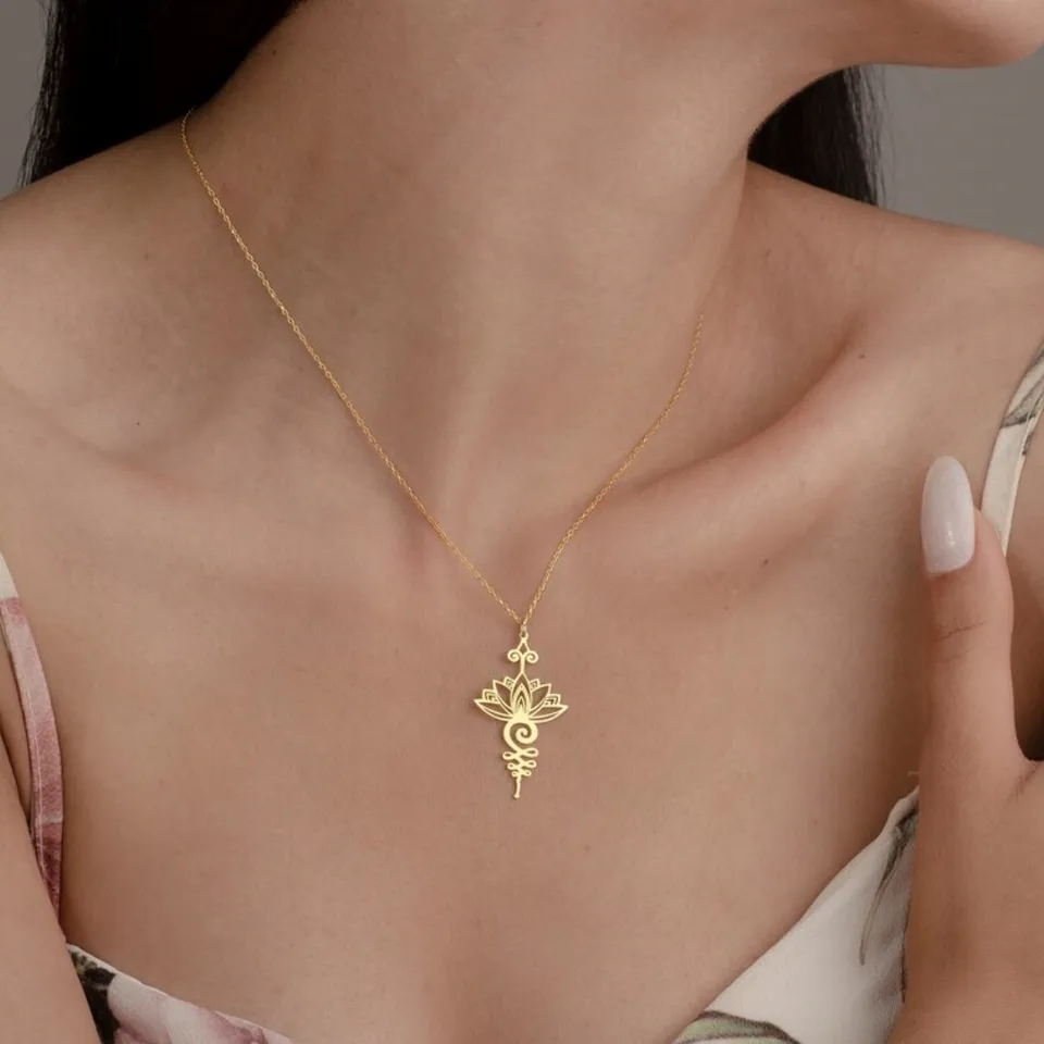 Collana Yoga Fiore Di Loto In Acciaio Inox - Simbolo Buddhismo Unalome - Regalo Meditazione