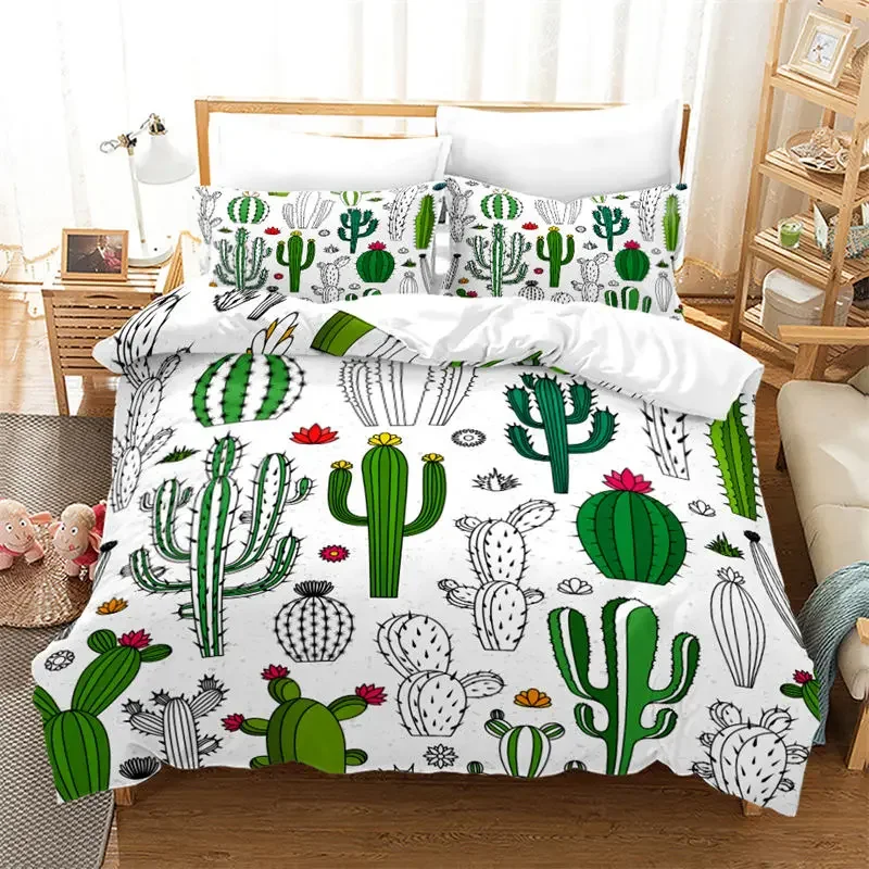 

Chic Cactus Bedding Set Queen For Kids Teen Decor Cartoon Green Plants Succulents Duvet Cover Nature Art Floral Comforter Cover