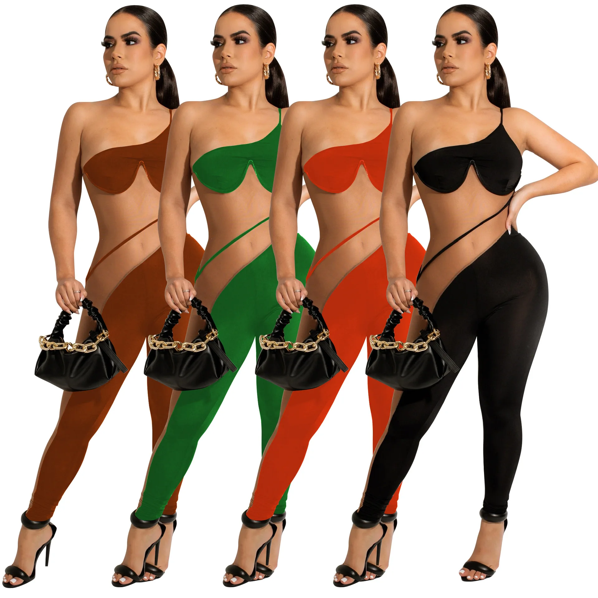 

One Shoulder Sling Jumpsuit Women Summer Sexy Sheer Mesh Patchwork See Through Legging Skinny Club Party Romper One Piece Outfit