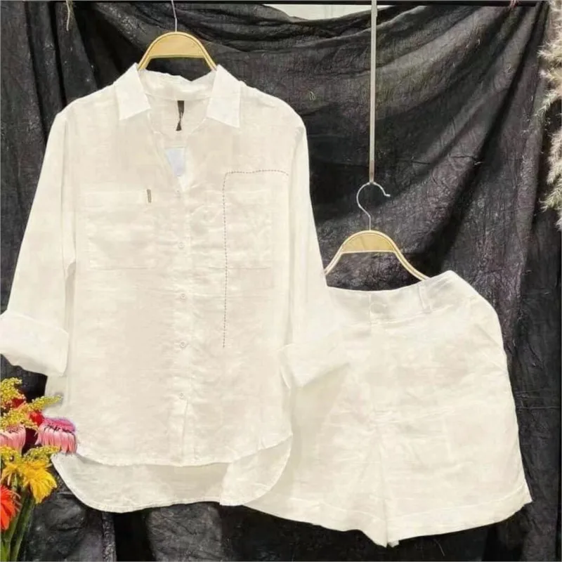 Summer Cotton Linen Casual Home 2 Piece Set For Women 2024 Fashion White Long Sleeve Shirt And Shorts Two Piece Sets Tracksuit - Image 5