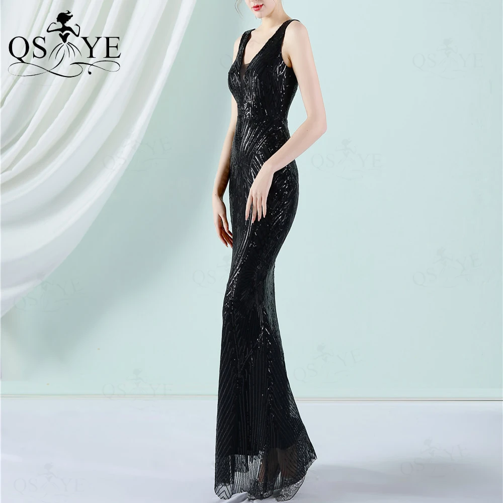 black formal gown Pattern Lace Black Evening Dresses Mermaid Sequin Prom Gown V neck Sleeveless Party Gown Open Low Back Fitted Black Formal Dress black evening dresses