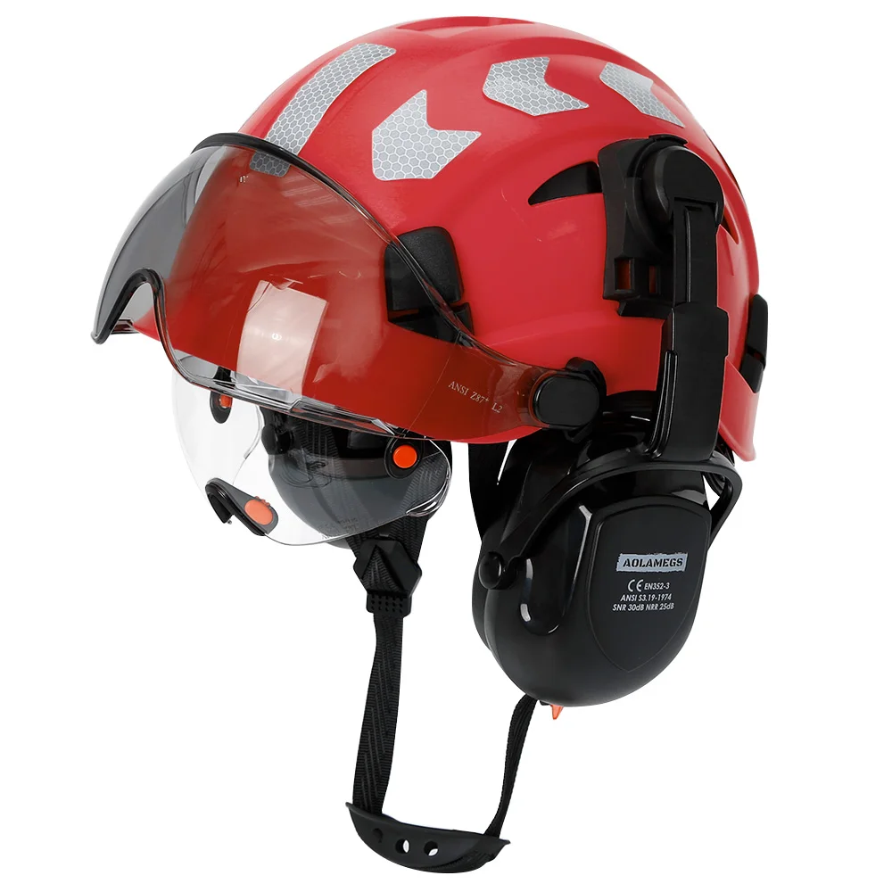 thumbnail image 1 of Casco de seguridad para construcción CE con visera, gafas integradas, orejeras, pegatinas reflectantes para ingenieros, casco ABS, ANSI industrial, 1 of 5